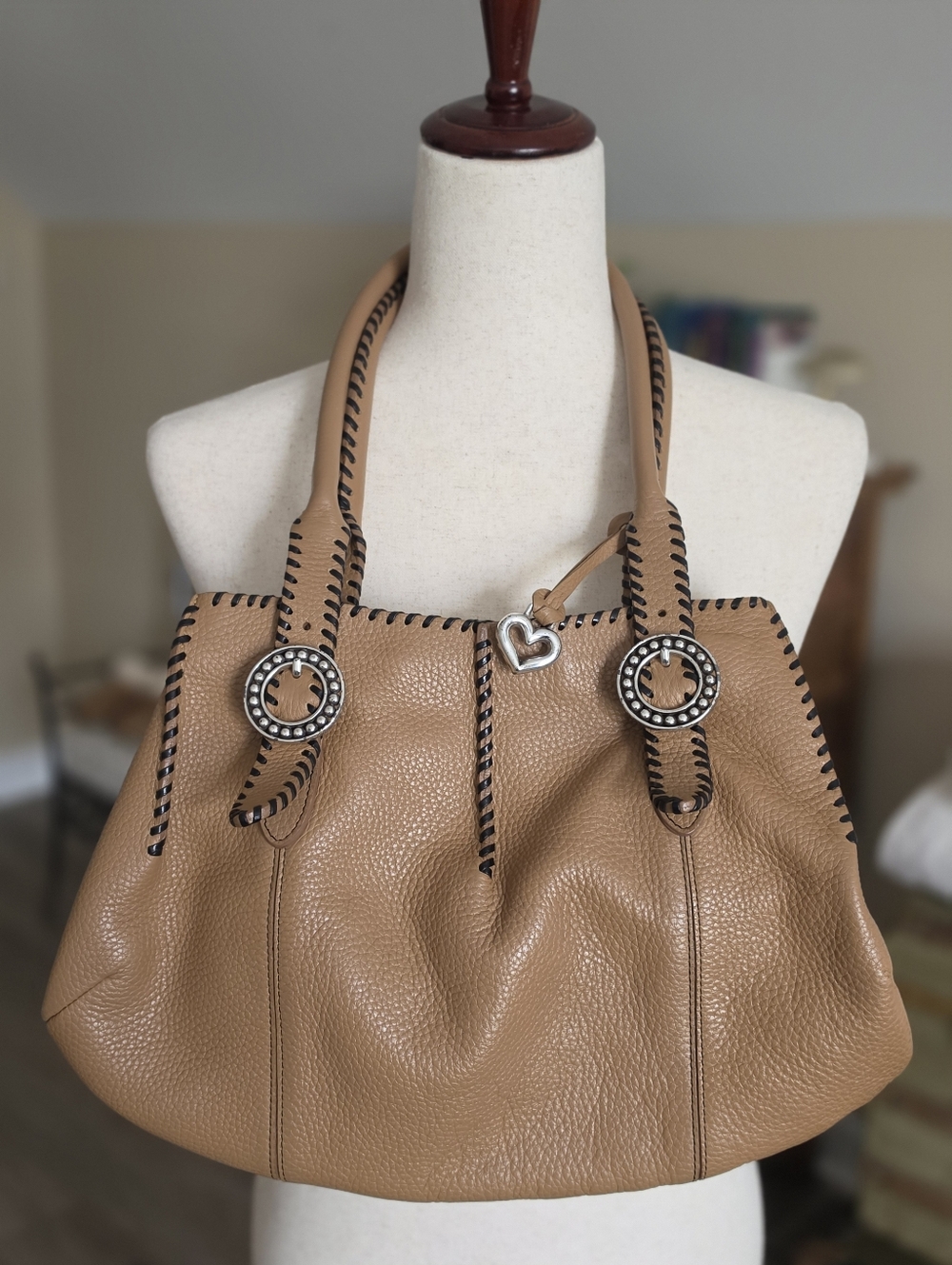 Brighton Tan Pebbled Leather Whipstitch Tote Concho Heart Charm Bag